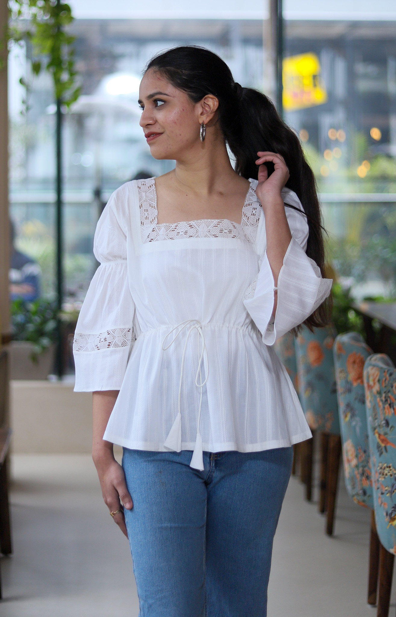 Striped White Flared Sleeves Top - Contemporay Wear- That's Indian
